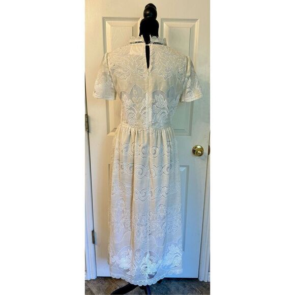 NWOT All:Row Cream Mock Neck Lace Midi Lined Dress Size Medium - Picture 4 of 11